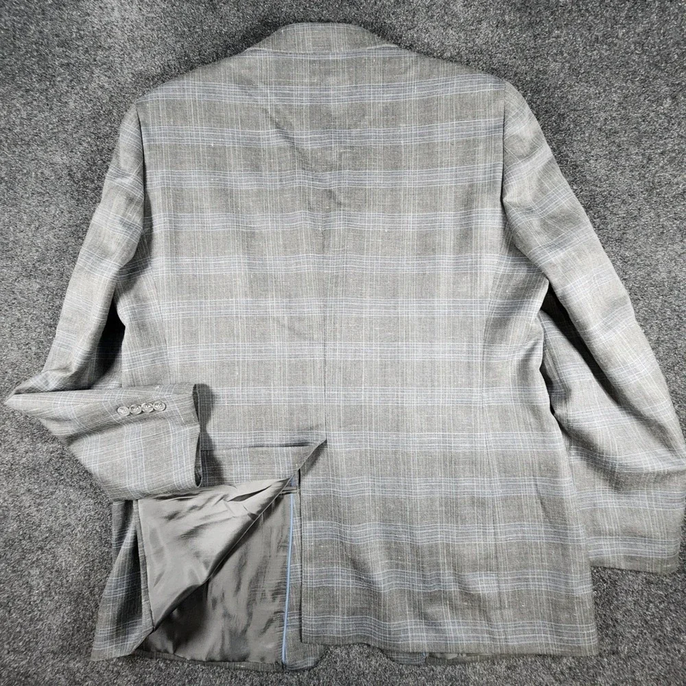 Joseph & Feiss Sport Coat Mens 46L Grey Windowpane‎ Wool Silk Linen Blazer